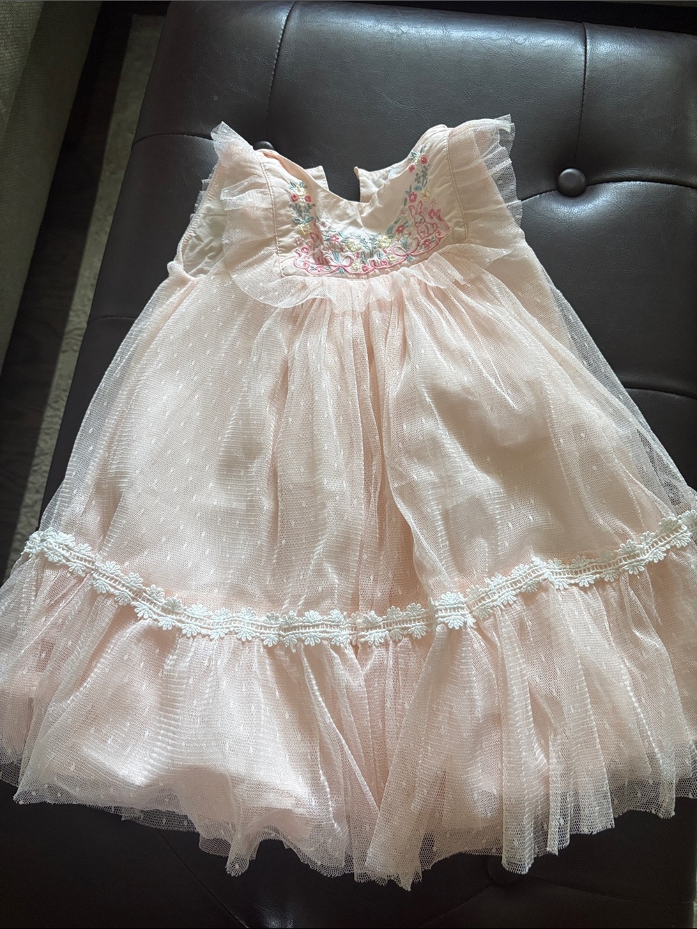 ANGL Pale Pink Tulle Dress with Pastel Floral Embroidery for Easter